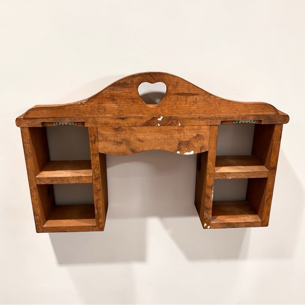 Vtg 1980 Heart Cutout Solid Wood Wall Display Shelf Organizer W/ Hooks & Cubbies - Picture 2 of 16